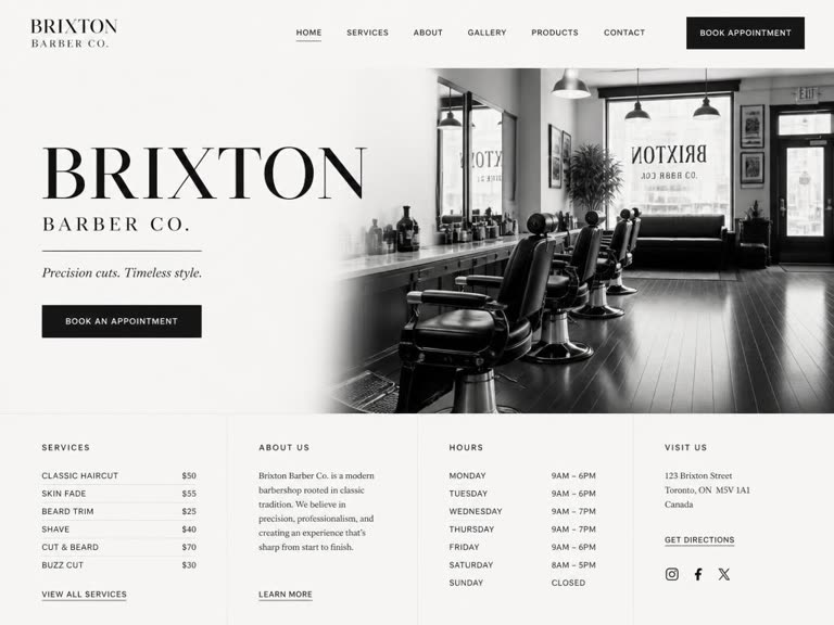 Concept redesign: modern editorial barber shop website with booking button