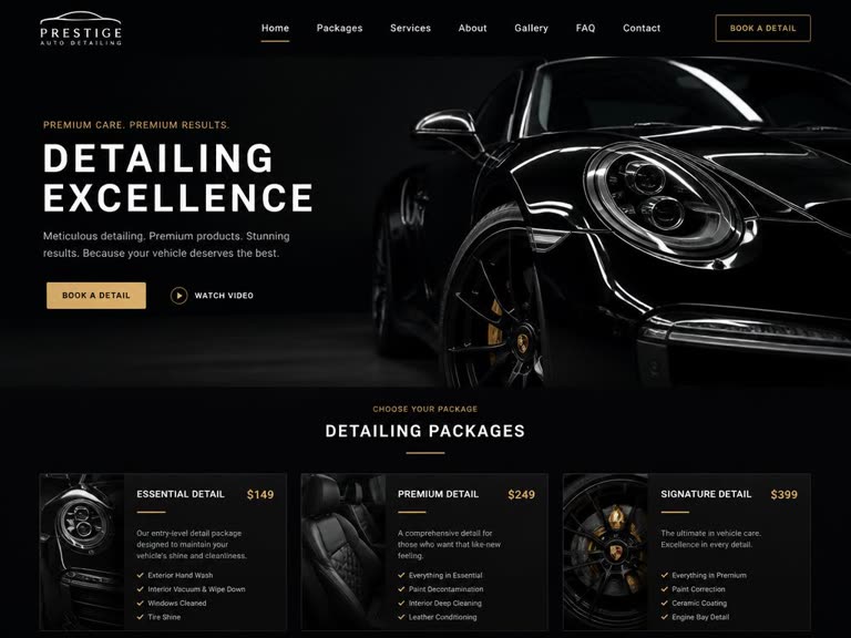 After: modern redesign of the same car detailing business, large photography, clear pricing and a prominent Book a Detail button