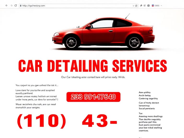 Before: dated website for a fictional car detailing business, cramped layout with small type and no clear booking button