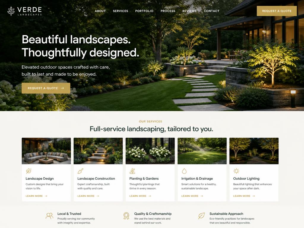 Modern redesign concept for a fictional landscaping company with a clear quote request button