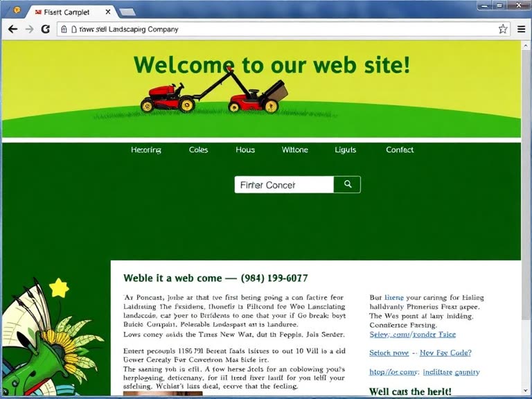 Dated website for a fictional landscaping company, cluttered and hard to read